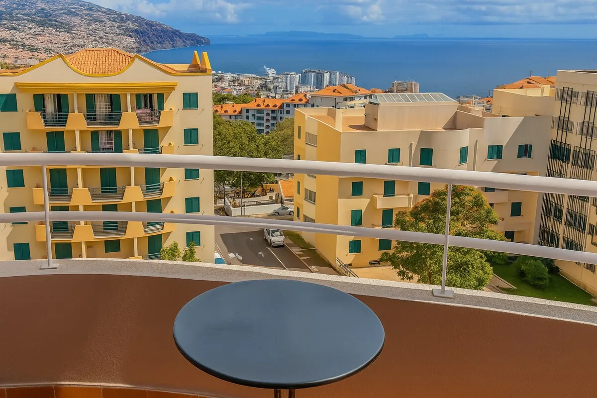 The smaller balcony, set for breakfast