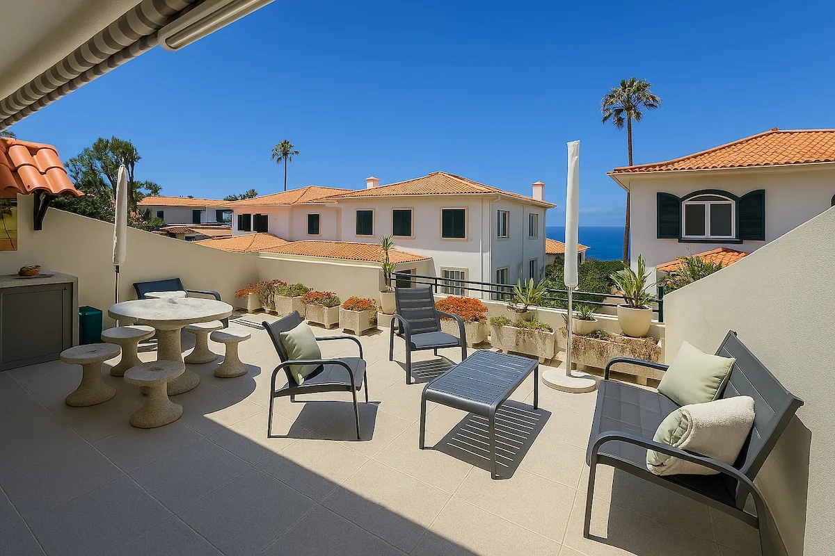 The private terrace, with loungers facing the water